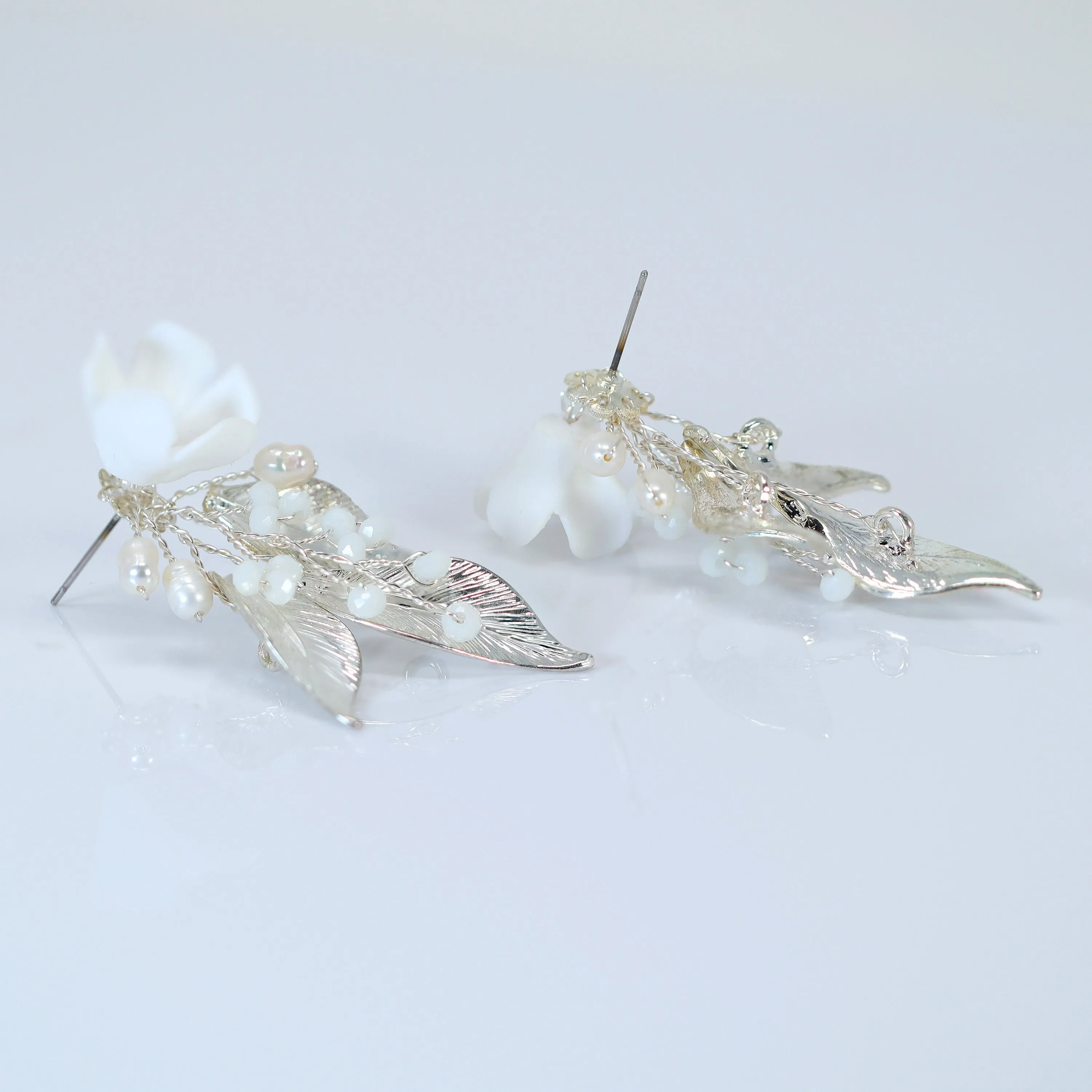 Natural Cultured Freshwater Pearl Ceramic White Flower Long Leaves Earrings, Long Bridal Jewelry Crystal Bridal Earrings Statement Earrings