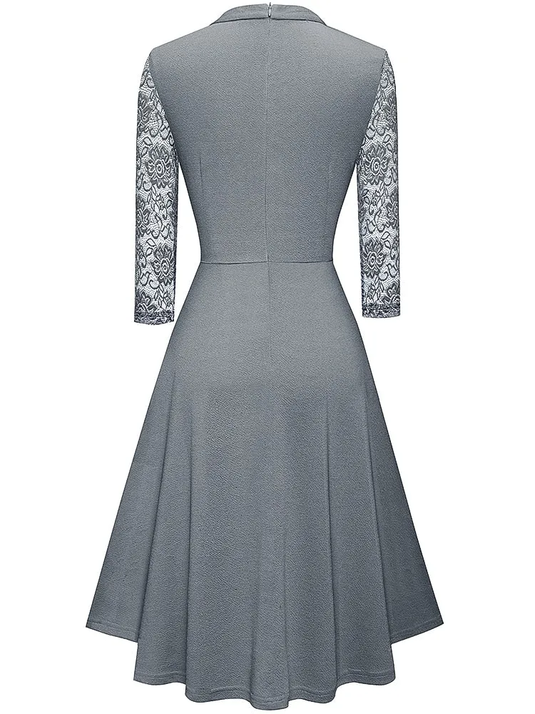 Nice-forever Autumn Lace Patchwork Retro Dress