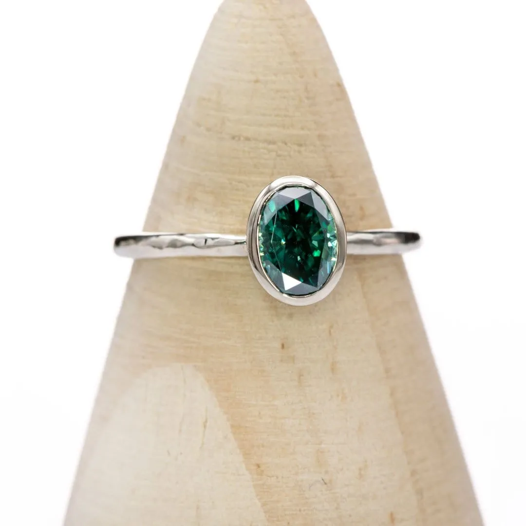 Oval Green Moissanite Martini Bezel Skinny Stacking 14k White Gold Solitaire Ring, Ready To Ship