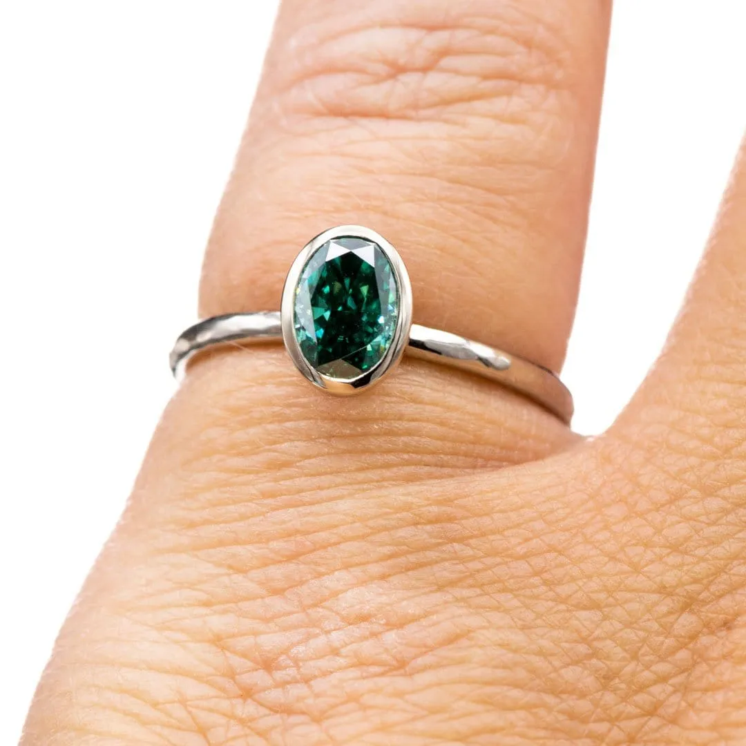 Oval Green Moissanite Martini Bezel Skinny Stacking 14k White Gold Solitaire Ring, Ready To Ship