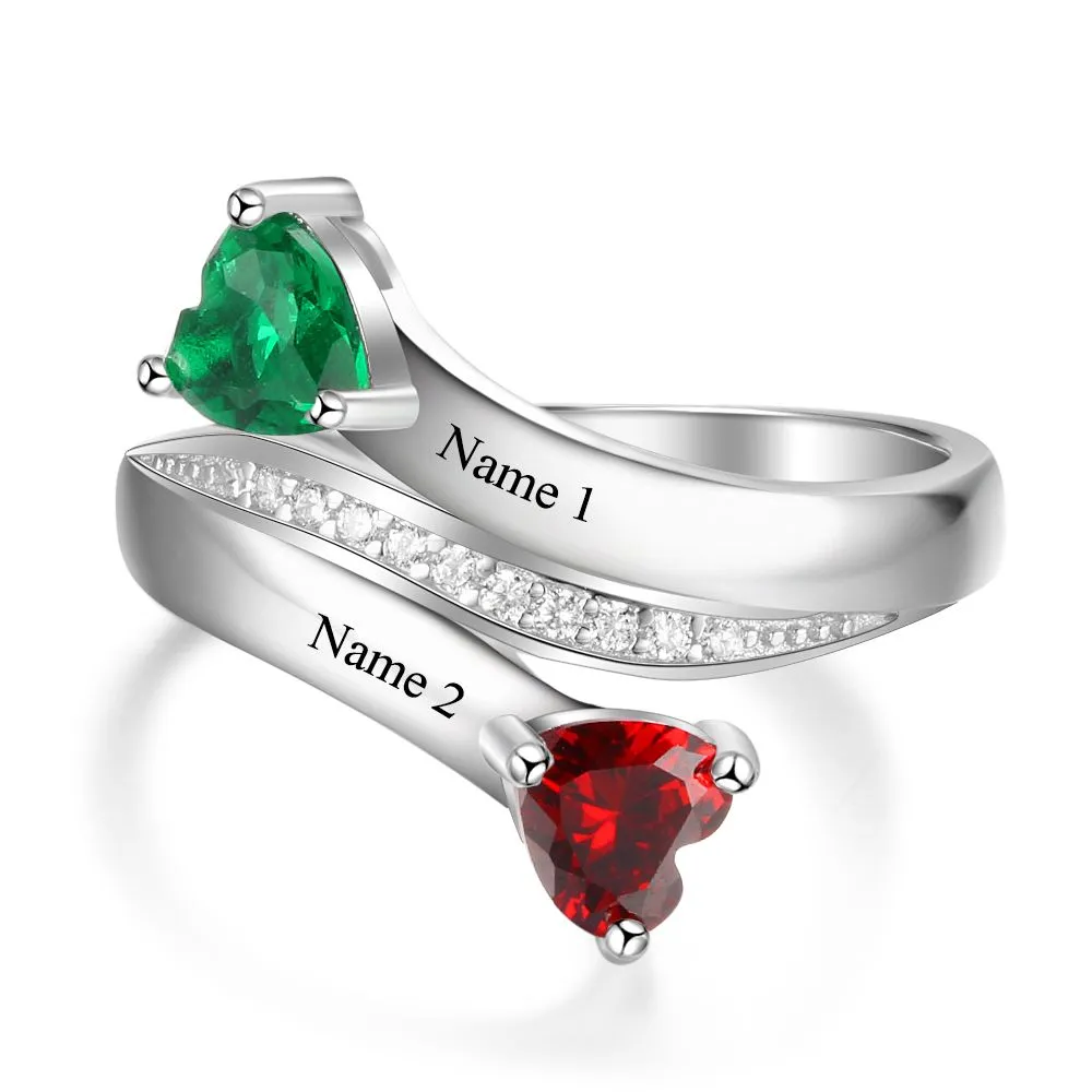 Personalized 2 Stone Angled Hearts Mothers or Promise Ring 2 Engraved Names