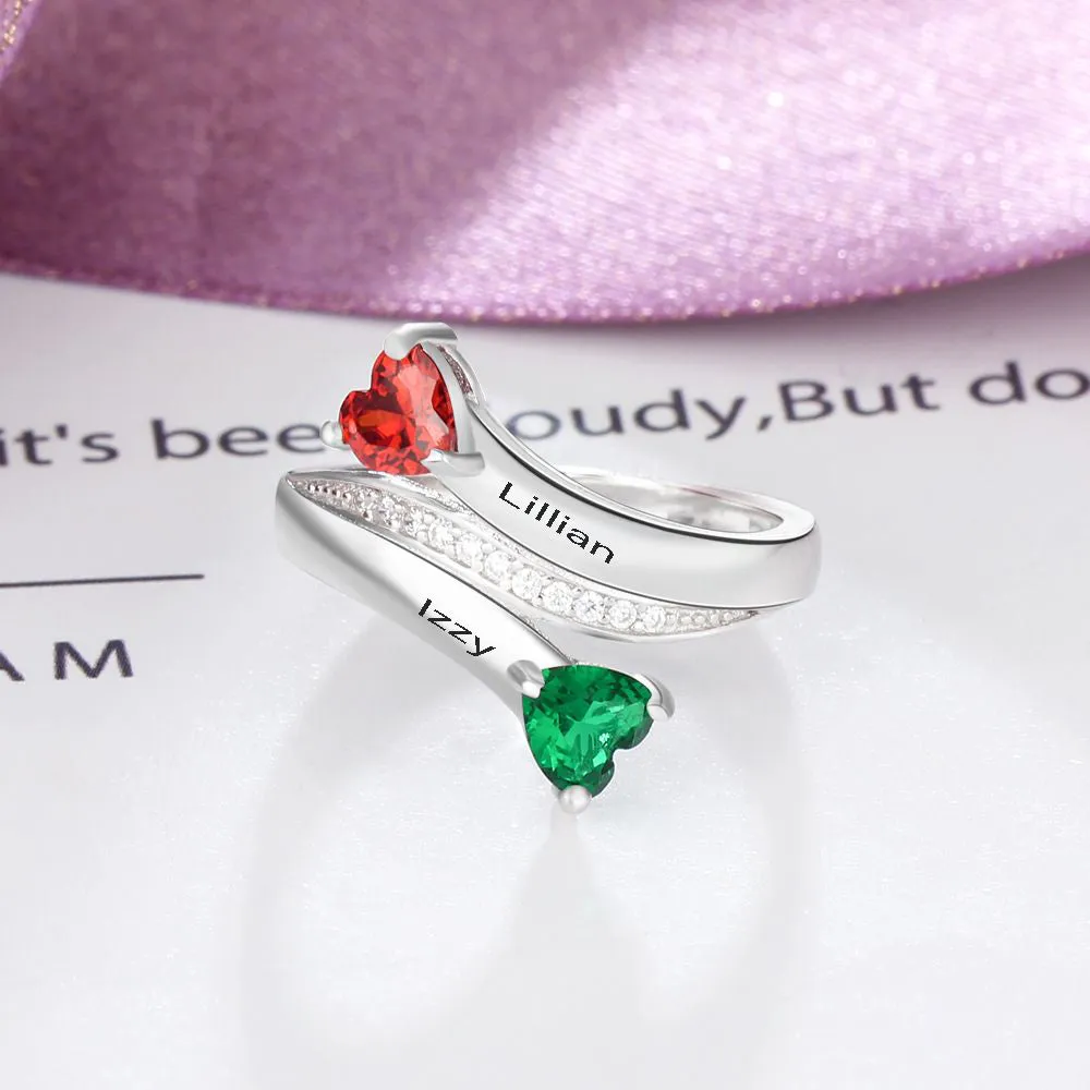 Personalized 2 Stone Angled Hearts Mothers or Promise Ring 2 Engraved Names