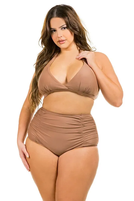 Plus Size Ruched Front High Waisted Bikini