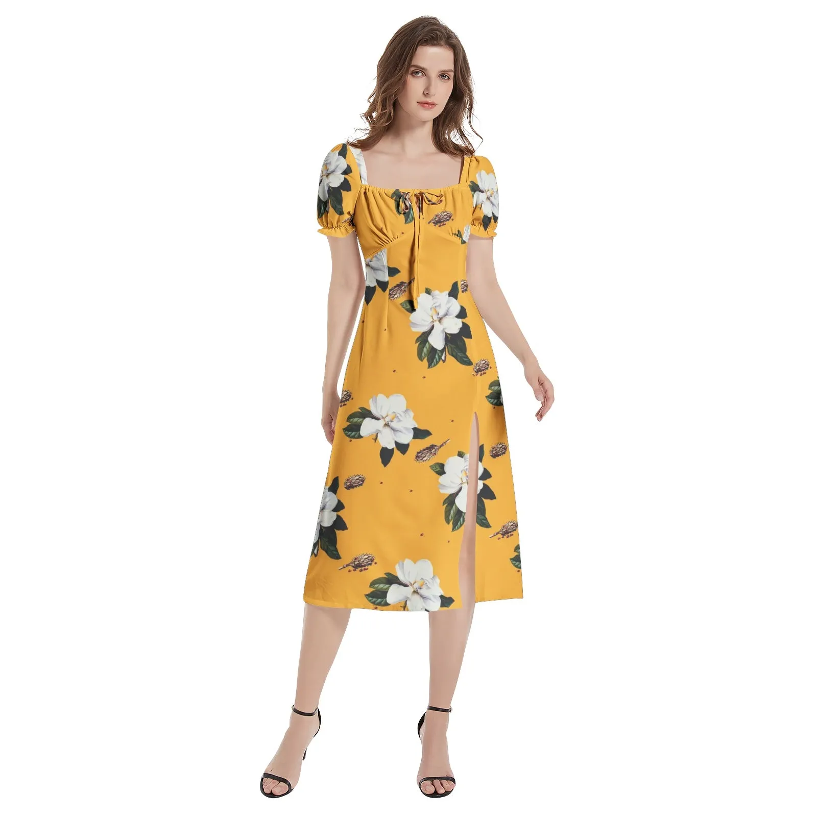 Puff Sleeve Split Thigh Midi Dress