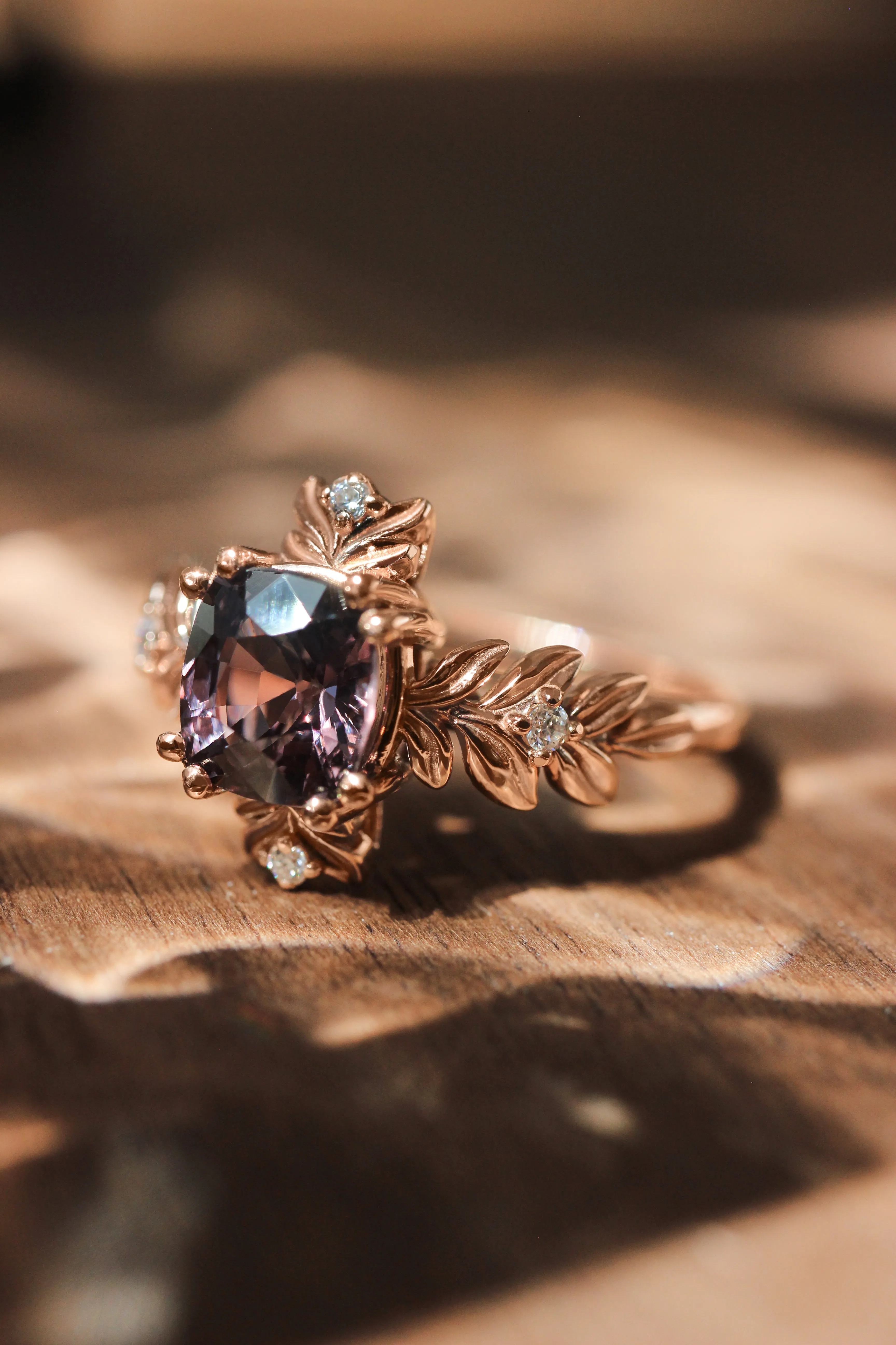 Purple spinel ring with diamonds, leaf engagement ring