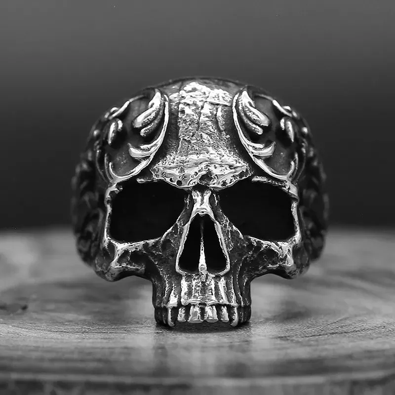 Retro Punk Gothic Filigree Flower Carved Skull Ring Stainless Steel