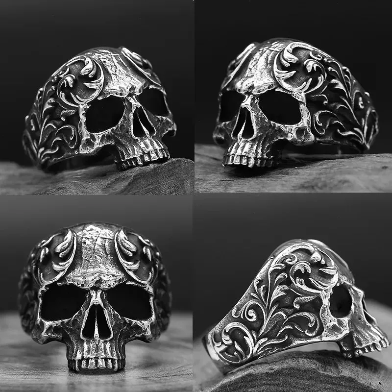 Retro Punk Gothic Filigree Flower Carved Skull Ring Stainless Steel