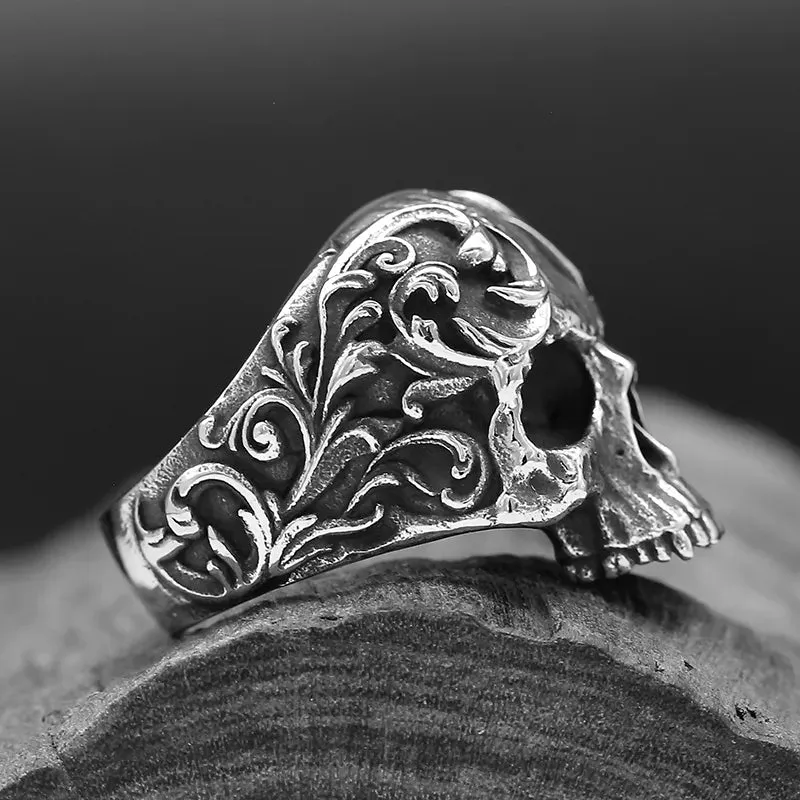 Retro Punk Gothic Filigree Flower Carved Skull Ring Stainless Steel