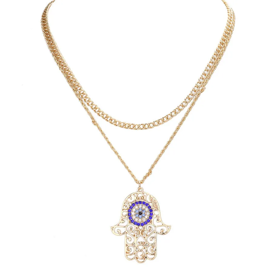 Rhinestone Evil Eye Filigree Hamsa Pendant Layered Necklace