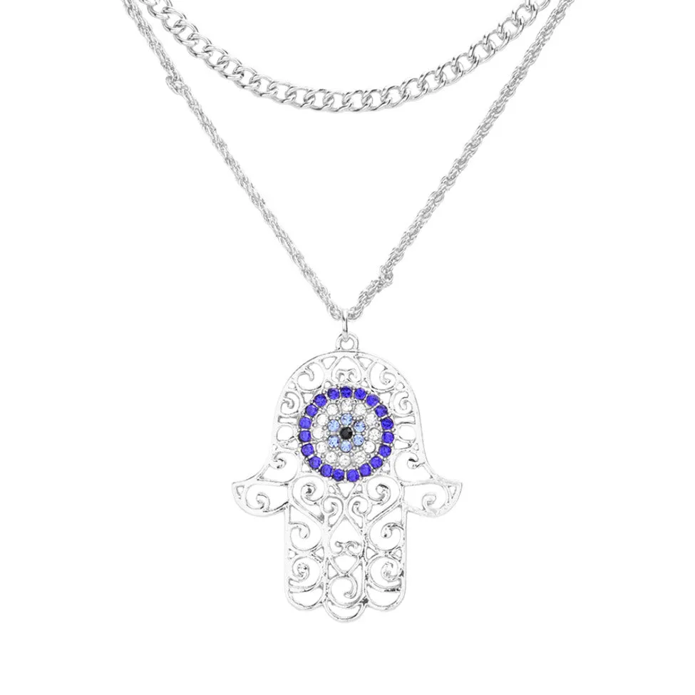 Rhinestone Evil Eye Filigree Hamsa Pendant Layered Necklace