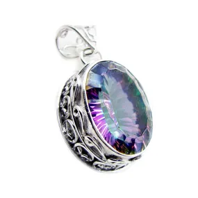 Riyo Beauteous Gems Oval Faceted Multi Color Mystic Quartz Solid Silver Pendant Gift For Wedding