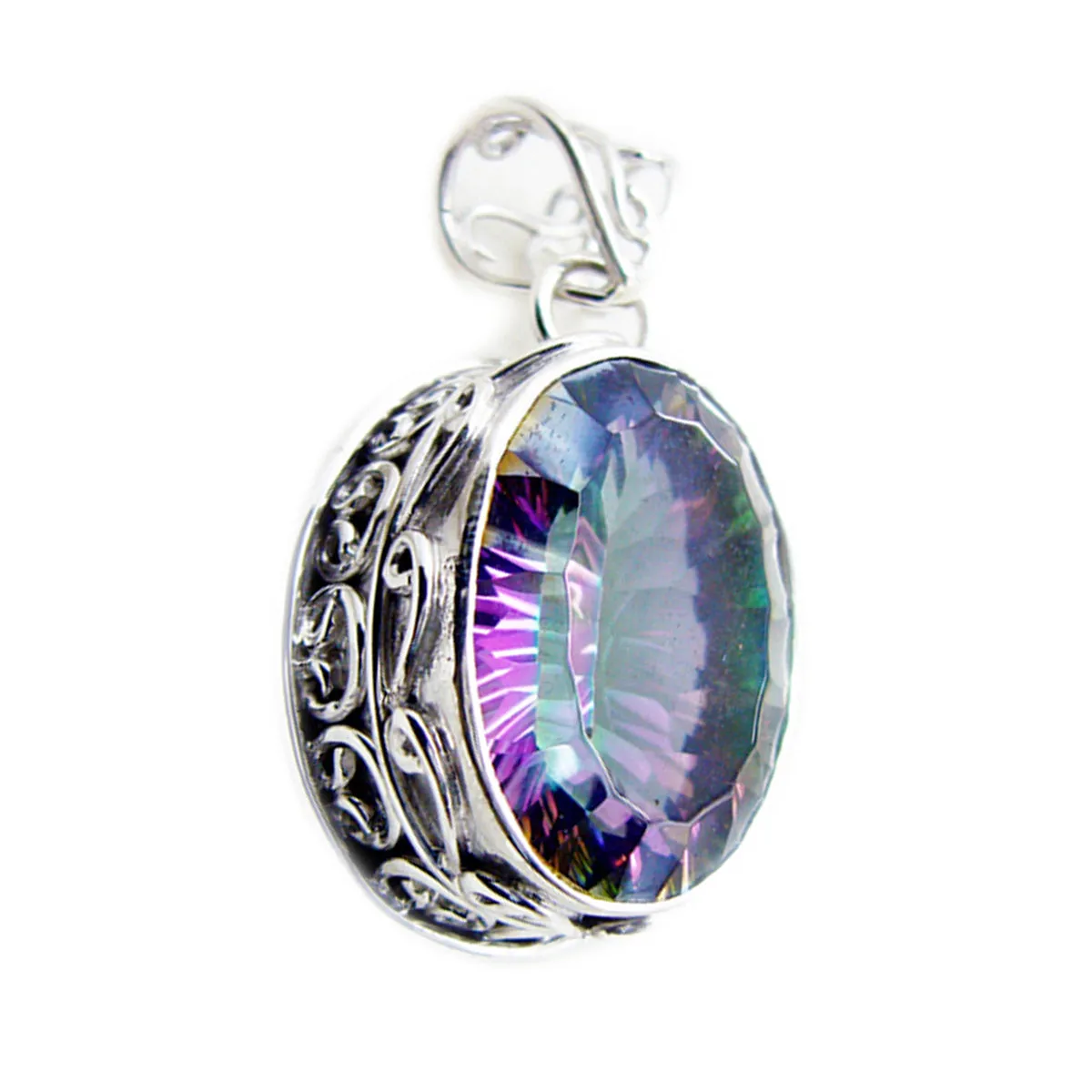 Riyo Beauteous Gems Oval Faceted Multi Color Mystic Quartz Solid Silver Pendant Gift For Wedding