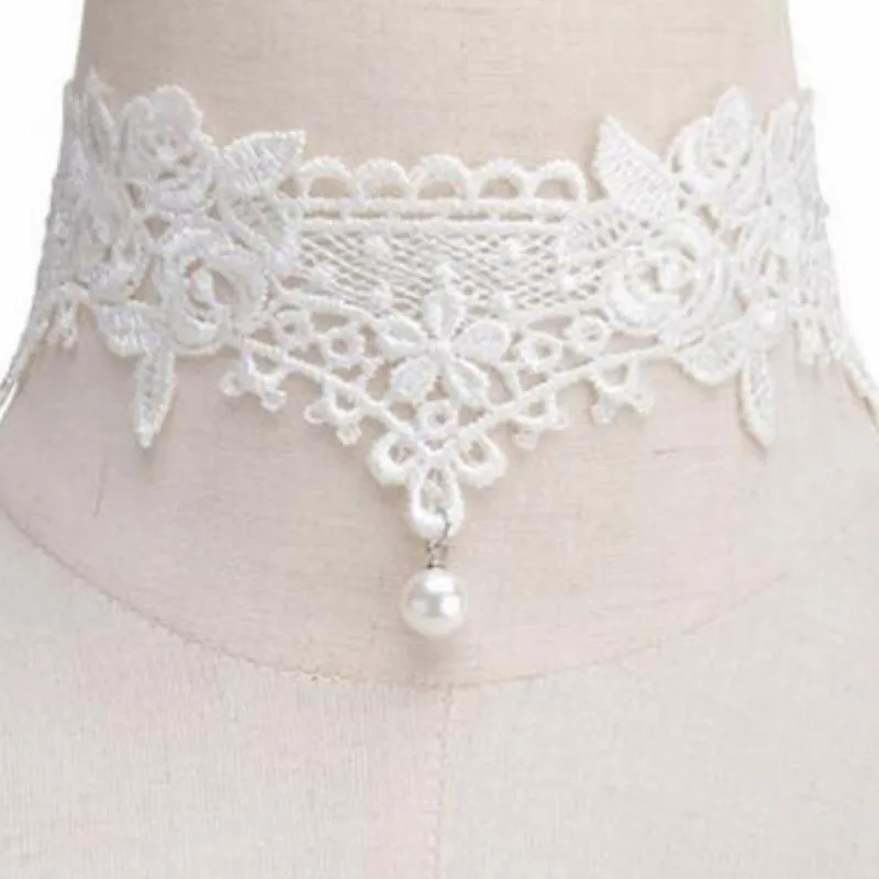 Roses on White Lace Choker Necklace