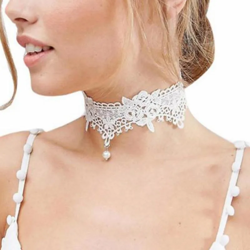 Roses on White Lace Choker Necklace