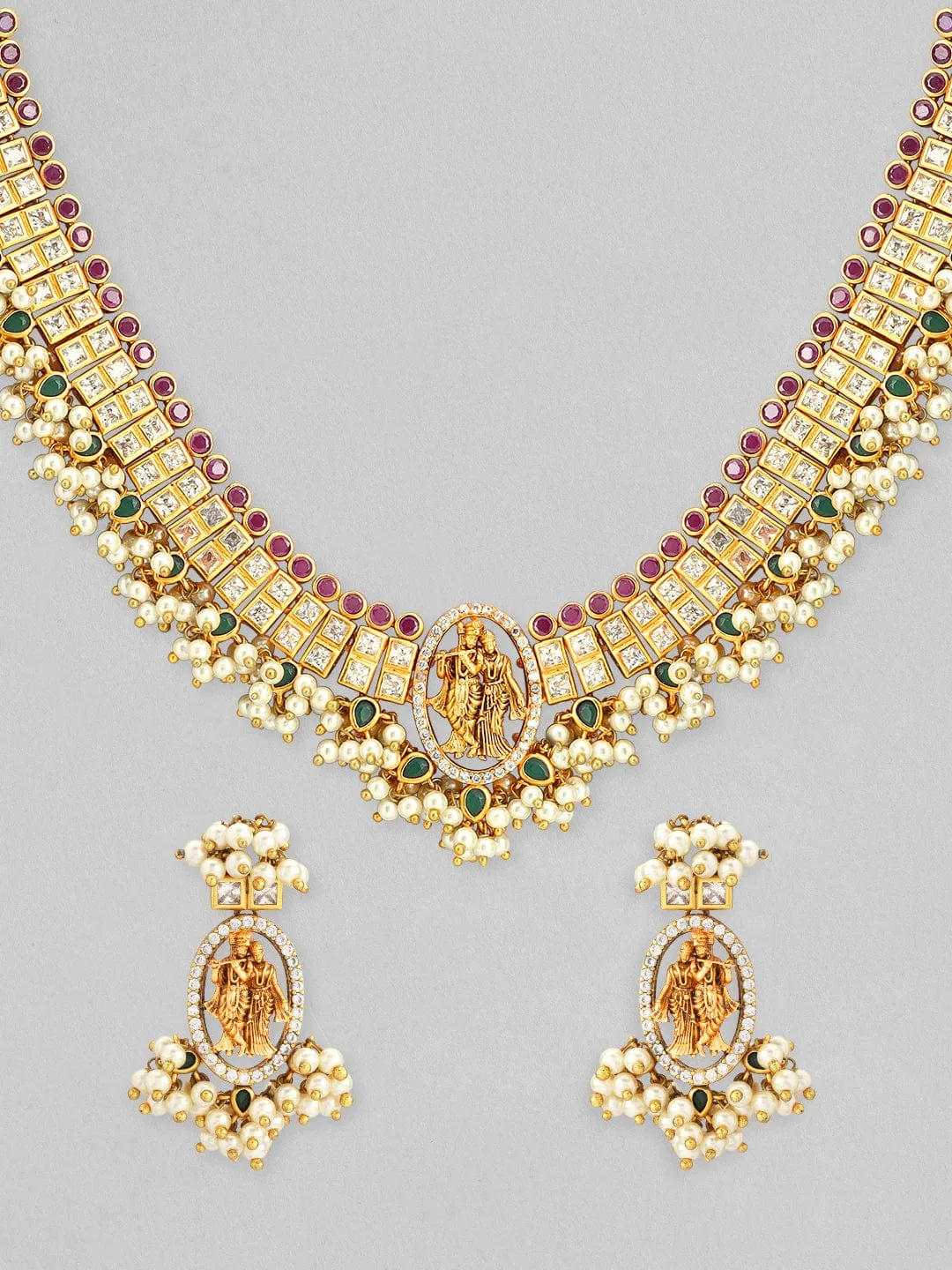 Rubans 24K Gold Plated Ruby and emerald studded Temple Necklace set.