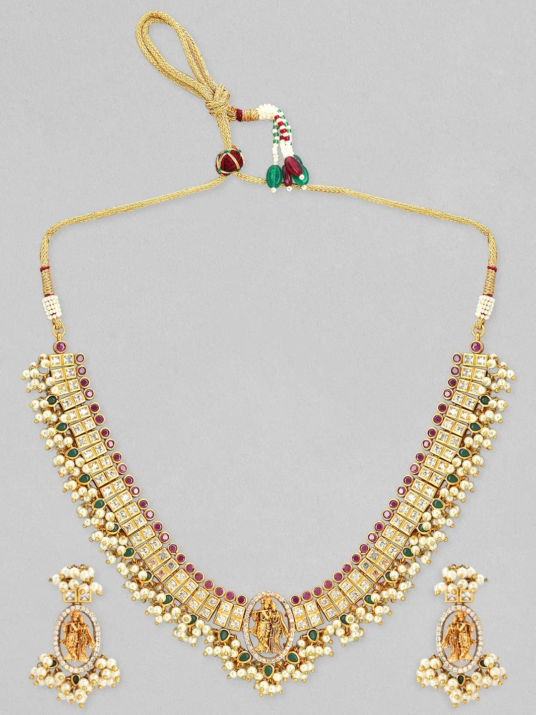 Rubans 24K Gold Plated Ruby and emerald studded Temple Necklace set.