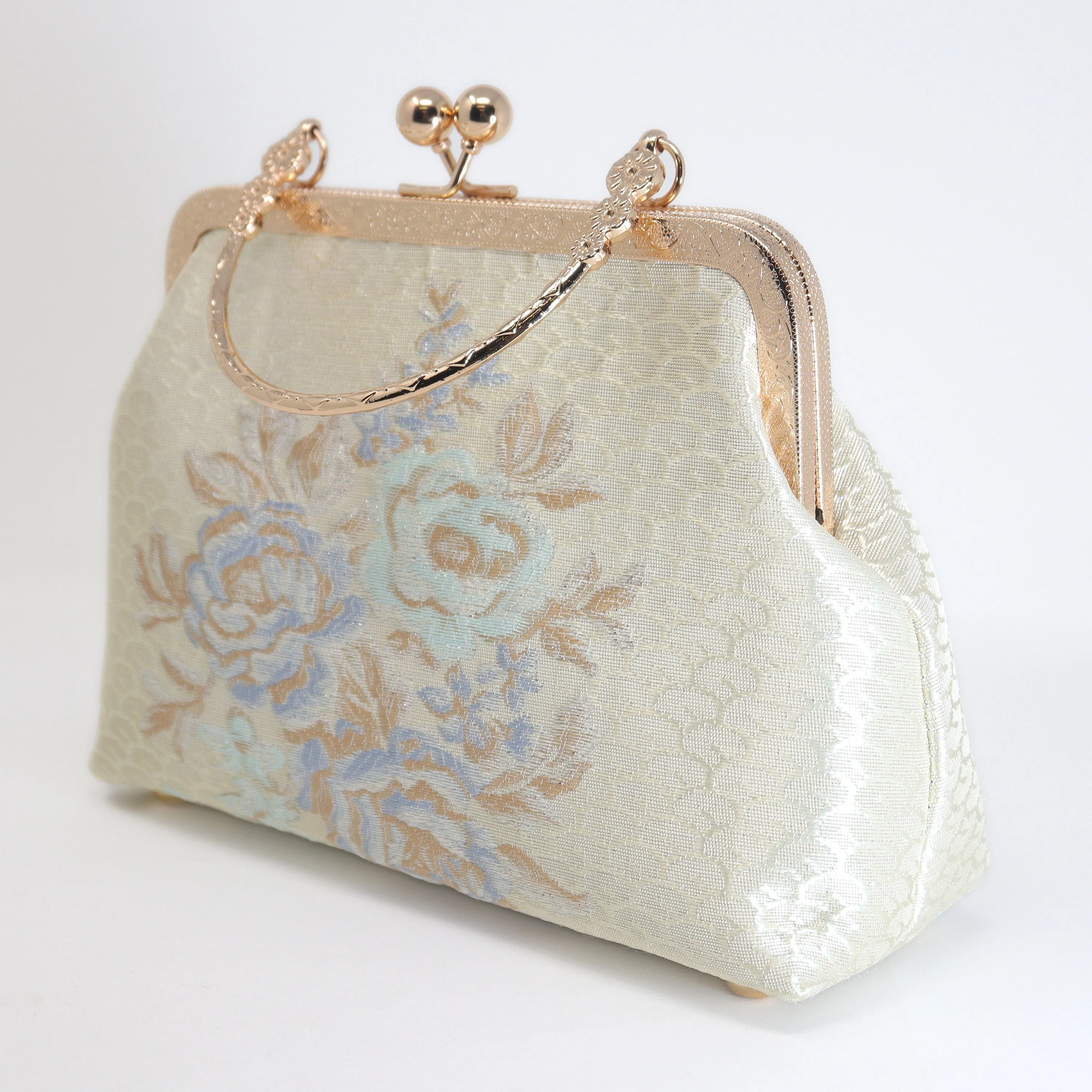 Shiny Cream Beige Gold Embroidered Blue Rose Floral Wedding Bag, Statement Bag, Evening Clutch, Bridal Clutch, White Cross Body Bag