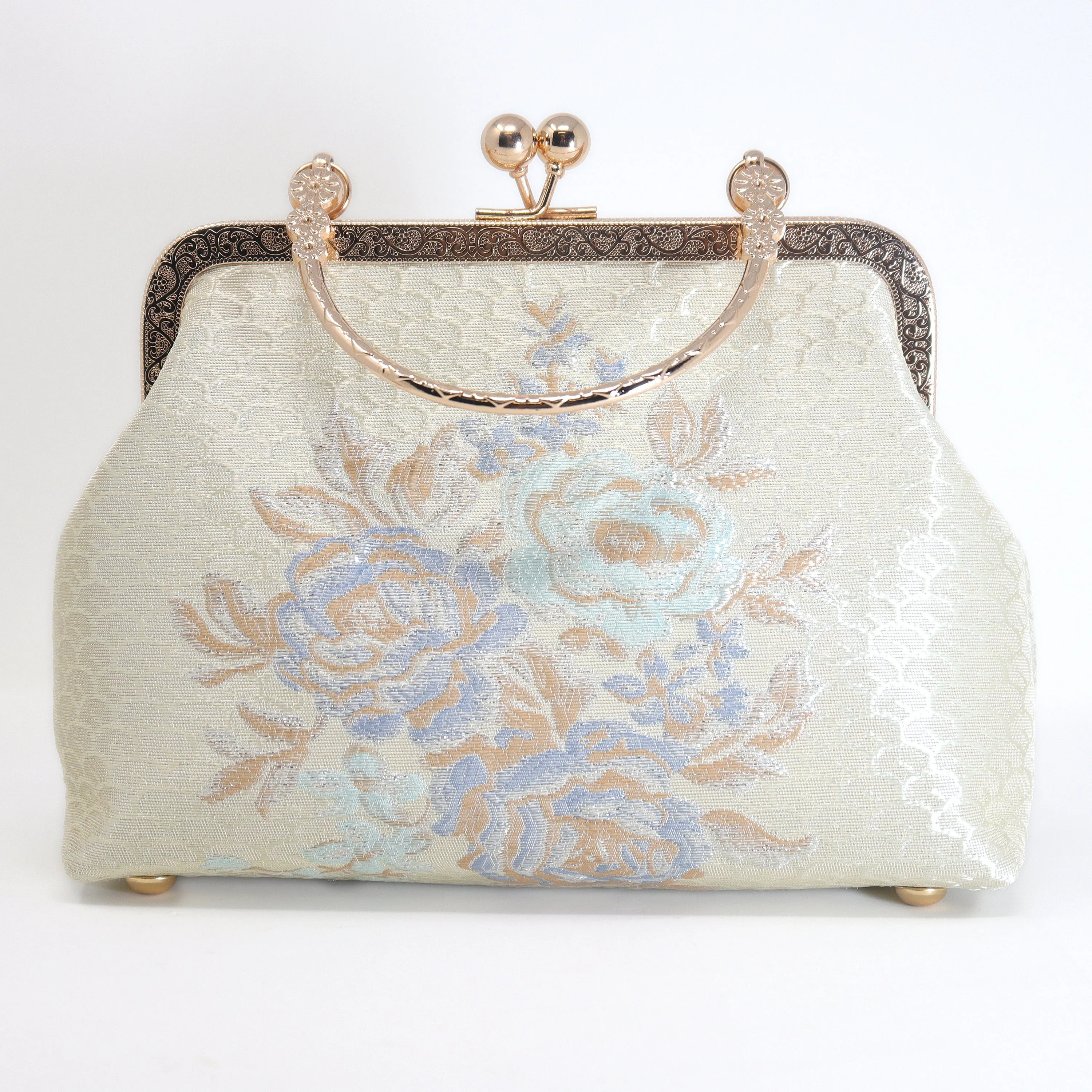 Shiny Cream Beige Gold Embroidered Blue Rose Floral Wedding Bag, Statement Bag, Evening Clutch, Bridal Clutch, White Cross Body Bag