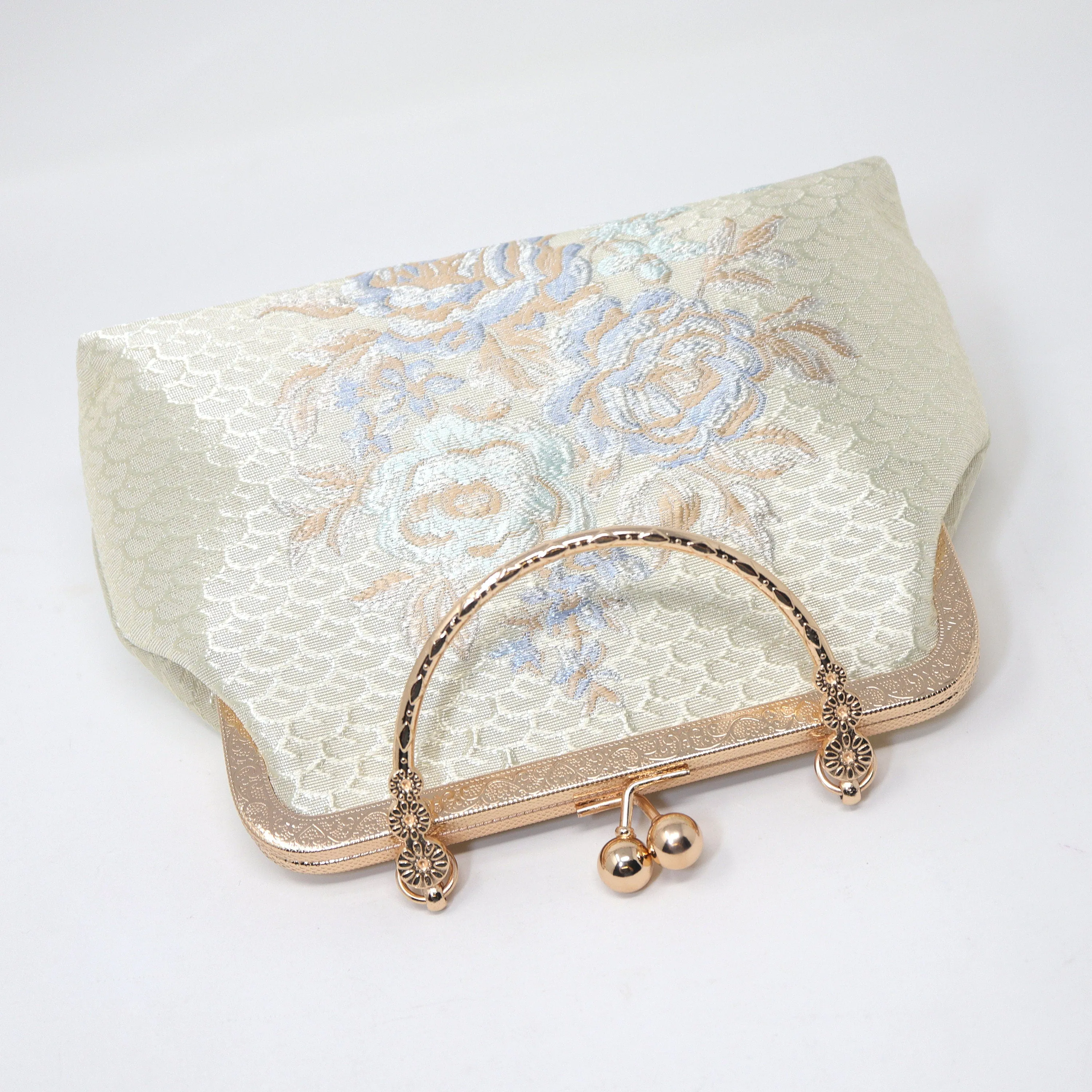 Shiny Cream Beige Gold Embroidered Blue Rose Floral Wedding Bag, Statement Bag, Evening Clutch, Bridal Clutch, White Cross Body Bag