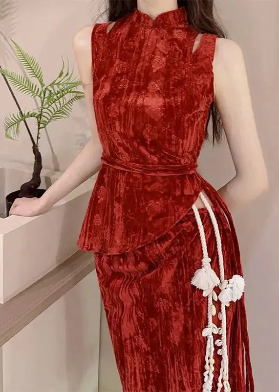 Silm Fit Orange Red Asymmetrical Cinched Velvet Three Pieces Set Spring HA1030