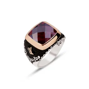 Silver Faceted Garnet Zircon Stone Sides Ottoman Tughra Motive Ring