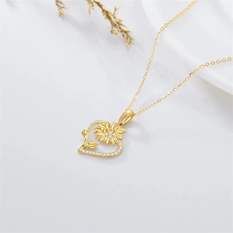 Solid 14K Gold Sunflower Heart Necklace for Women Real Gold Flower Necklace You are May Sunshine Necklace