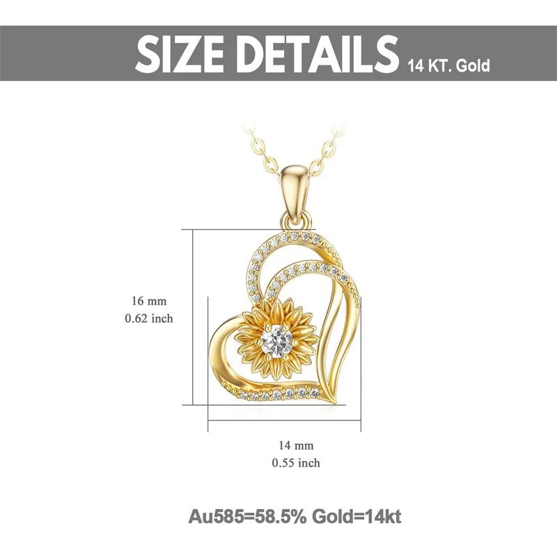 Solid 14K Gold Sunflower Heart Necklace for Women Real Gold Flower Necklace You are May Sunshine Necklace