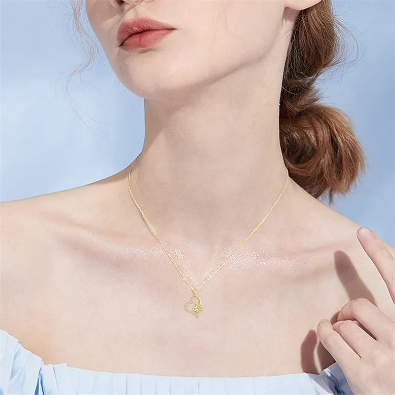 Solid 14K Gold Sunflower Heart Necklace for Women Real Gold Flower Necklace You are May Sunshine Necklace