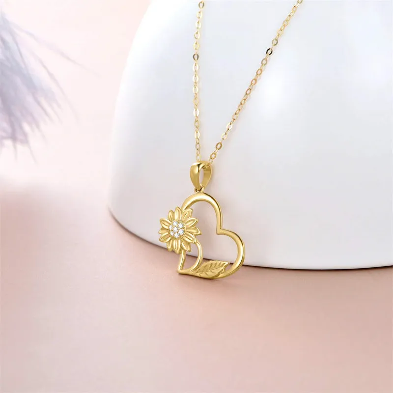 Solid 14K Gold Sunflower Heart Necklace for Women Real Gold Flower Necklace You are May Sunshine Necklace