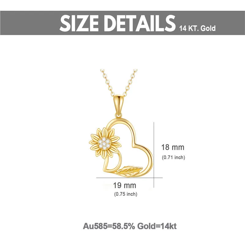 Solid 14K Gold Sunflower Heart Necklace for Women Real Gold Flower Necklace You are May Sunshine Necklace