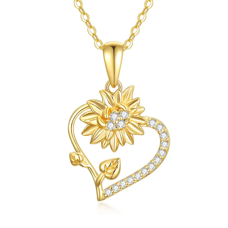 Solid 14K Gold Sunflower Heart Necklace for Women Real Gold Flower Necklace You are May Sunshine Necklace