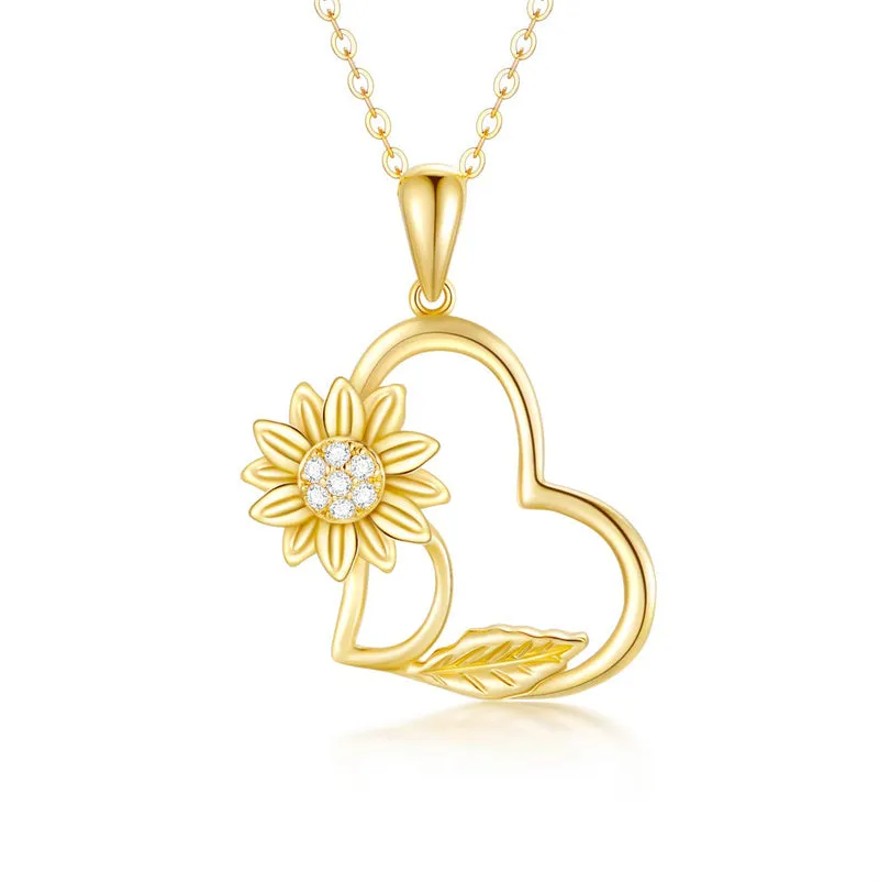 Solid 14K Gold Sunflower Heart Necklace for Women Real Gold Flower Necklace You are May Sunshine Necklace