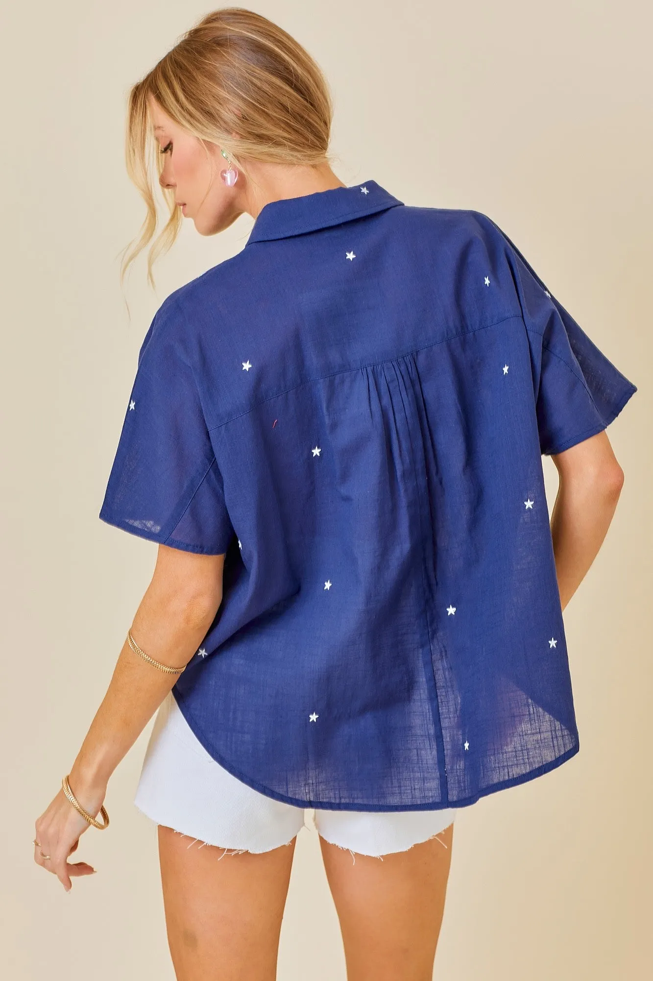 Star Embroidered V-Neck Easy Blouse