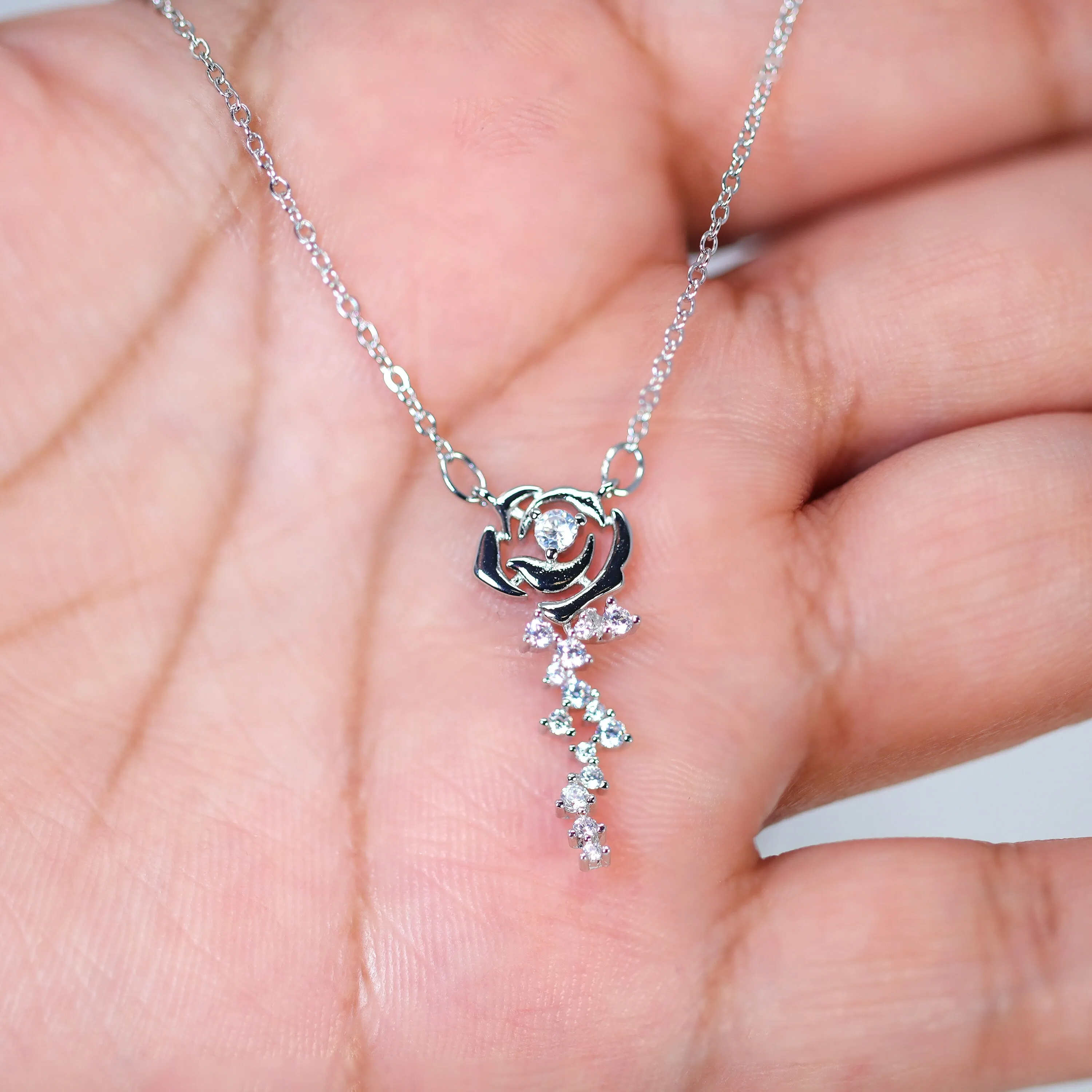 Swarovski Crystals Dainty Eternal Rose Necklace , Rose Day Gift, Gift For Her, Long Bridal Necklace, Bridesmaid Statement Cz Necklace.