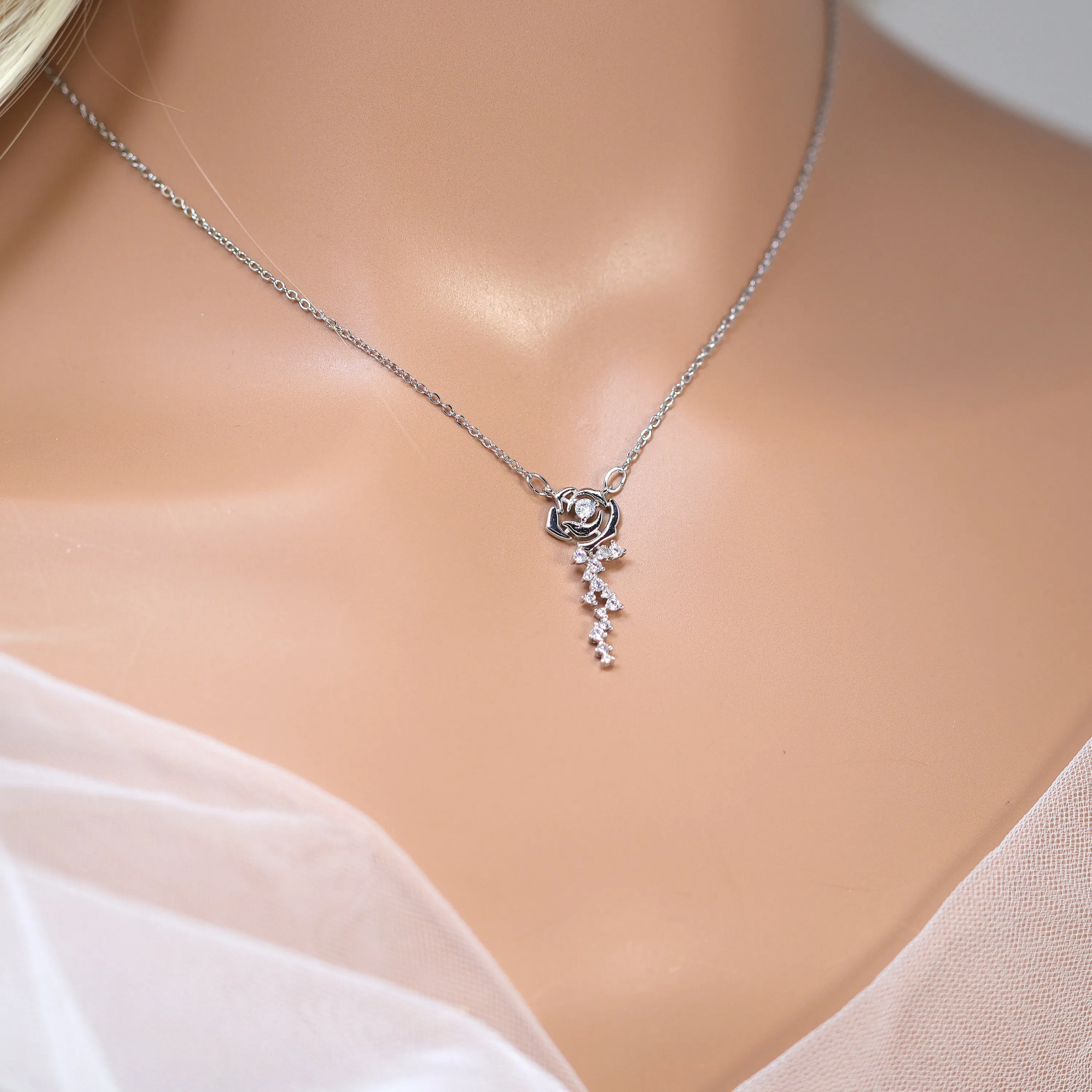 Swarovski Crystals Dainty Eternal Rose Necklace , Rose Day Gift, Gift For Her, Long Bridal Necklace, Bridesmaid Statement Cz Necklace.