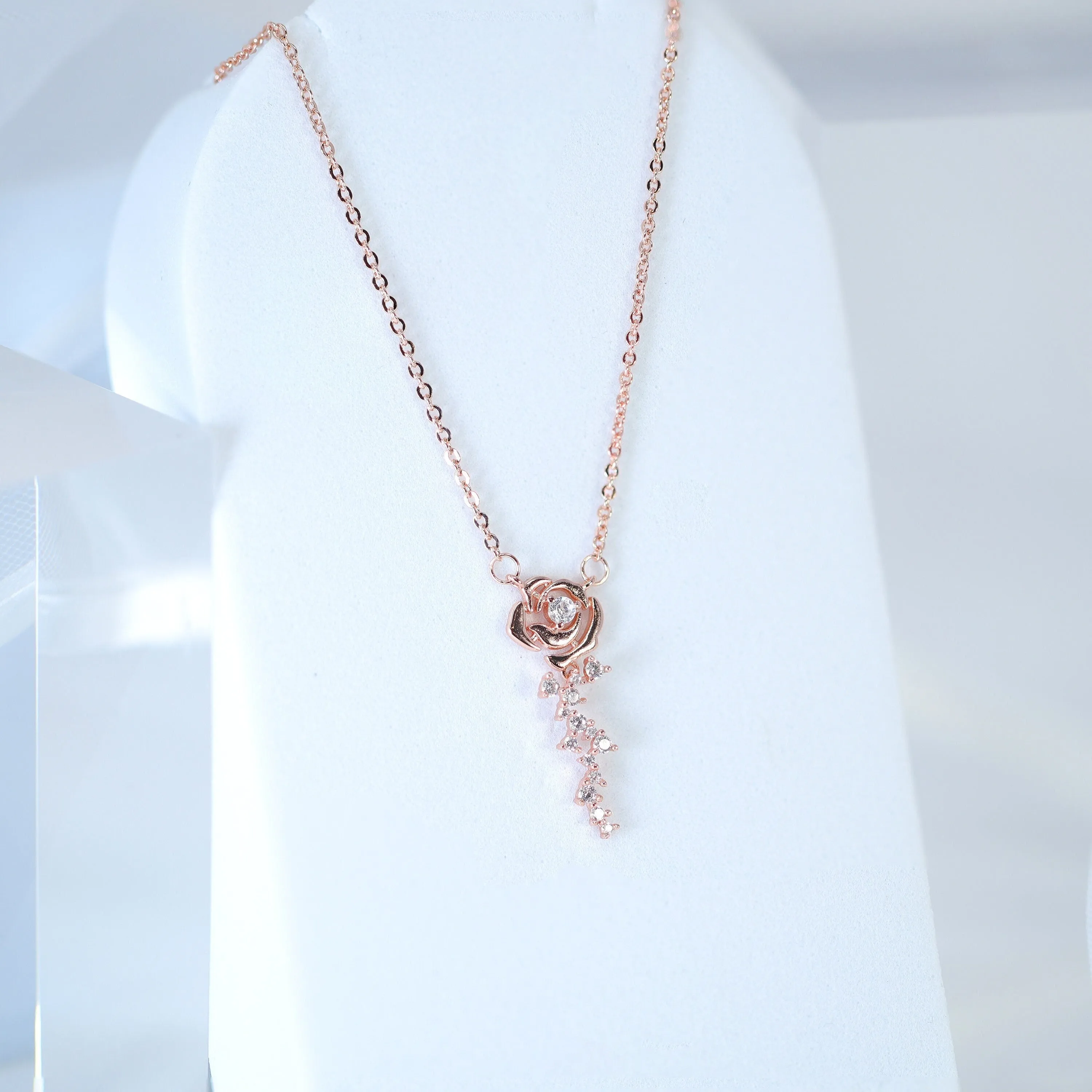 Swarovski Crystals Dainty Eternal Rose Necklace , Rose Day Gift, Gift For Her, Long Bridal Necklace, Bridesmaid Statement Cz Necklace.