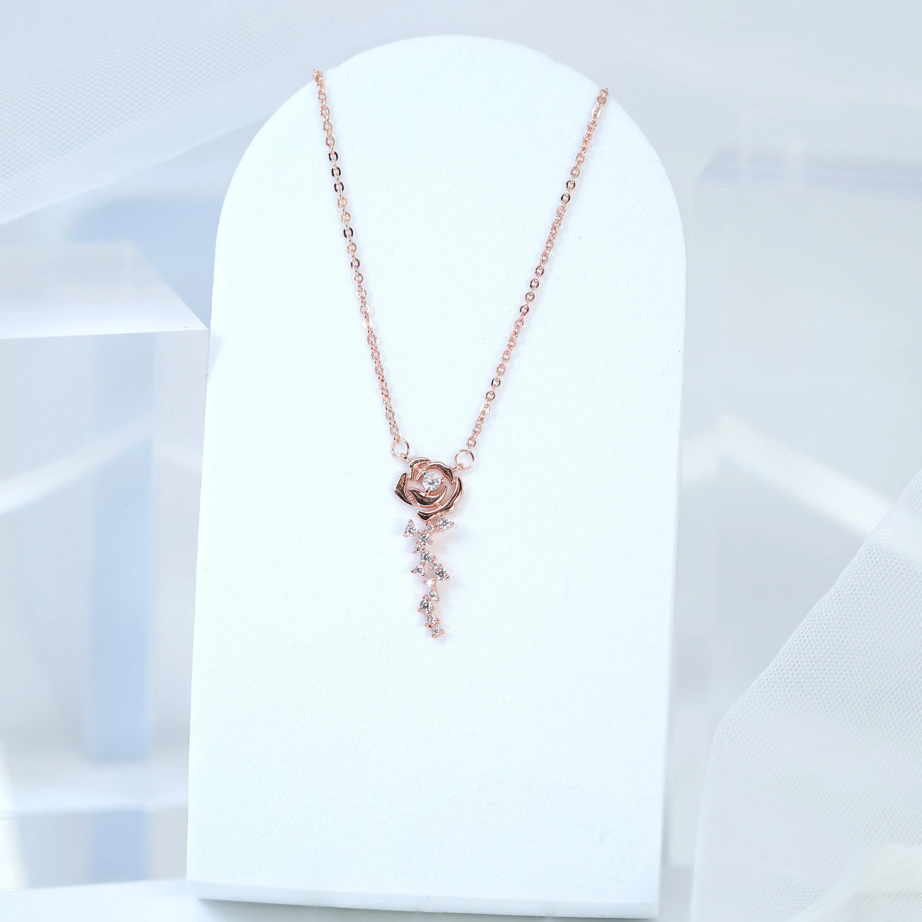 Swarovski Crystals Dainty Eternal Rose Necklace , Rose Day Gift, Gift For Her, Long Bridal Necklace, Bridesmaid Statement Cz Necklace.