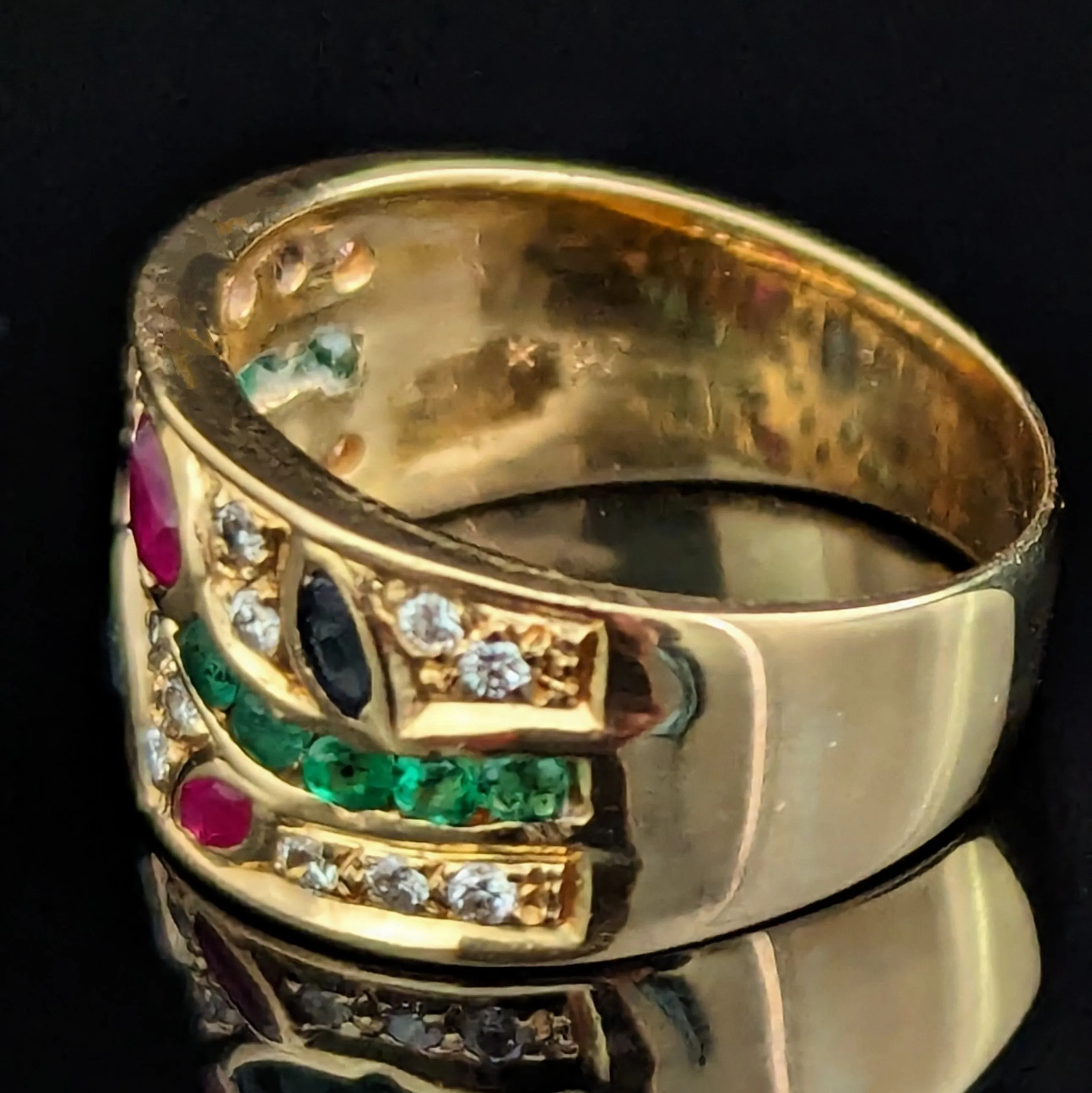 The Pelham - Estate Diamonds Rubies Emeralds Sapphires 18k Yellow Gold Floral Mozaic Band