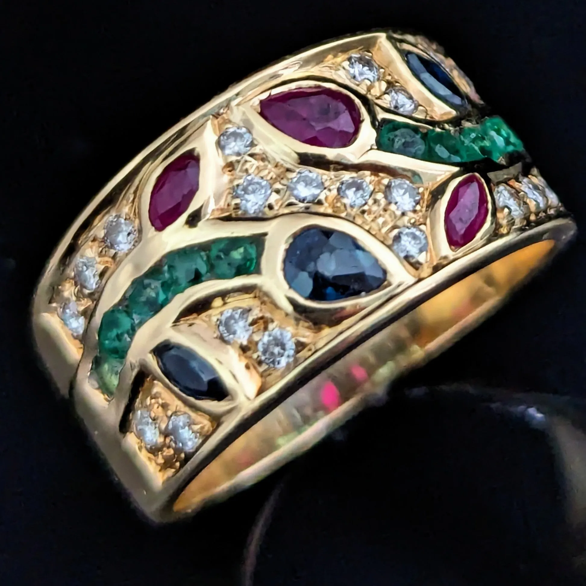 The Pelham - Estate Diamonds Rubies Emeralds Sapphires 18k Yellow Gold Floral Mozaic Band