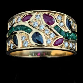 The Pelham - Estate Diamonds Rubies Emeralds Sapphires 18k Yellow Gold Floral Mozaic Band