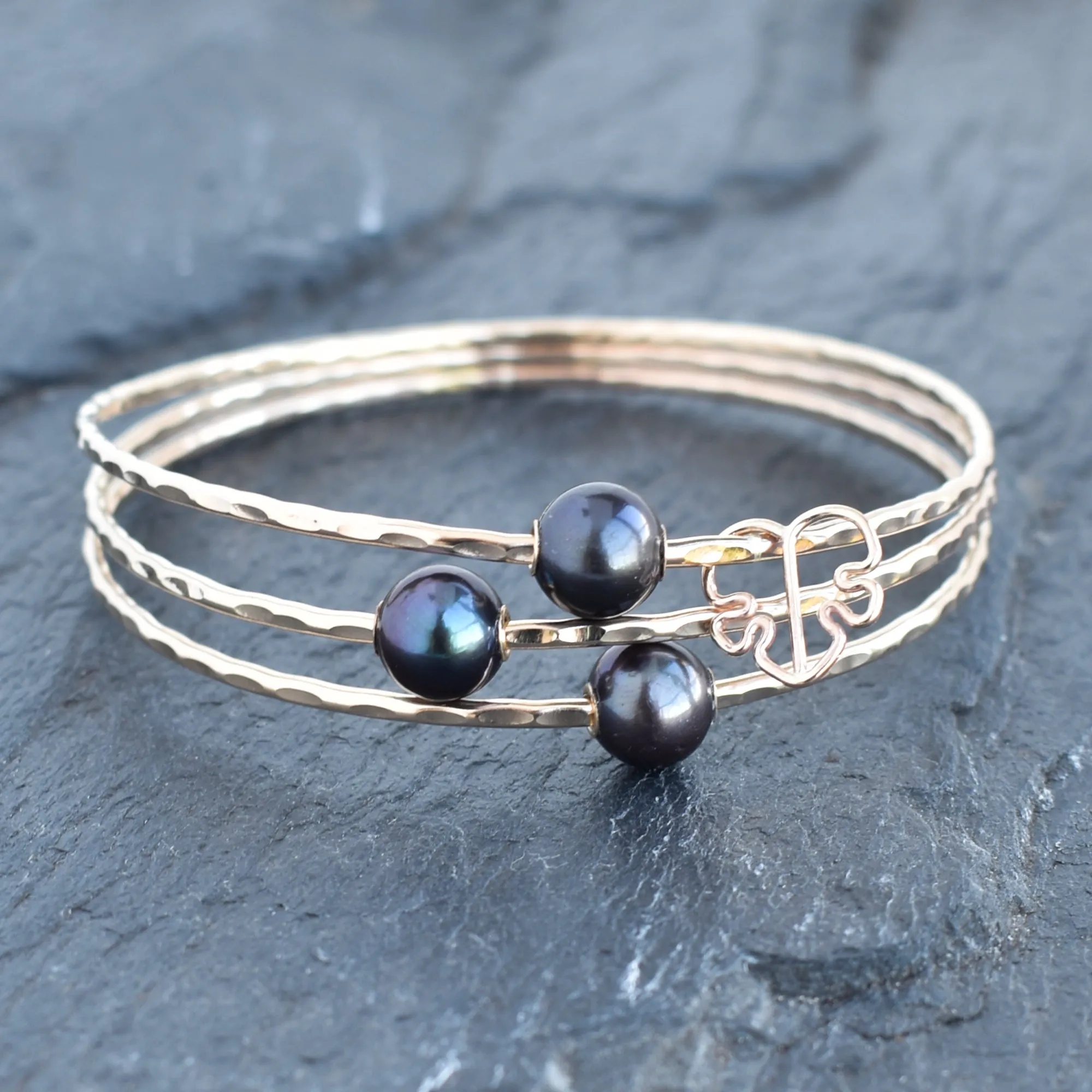 Three Black Freshwater Pearl Bangles and Charm - Set