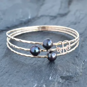 Three Black Freshwater Pearl Bangles and Charm - Set