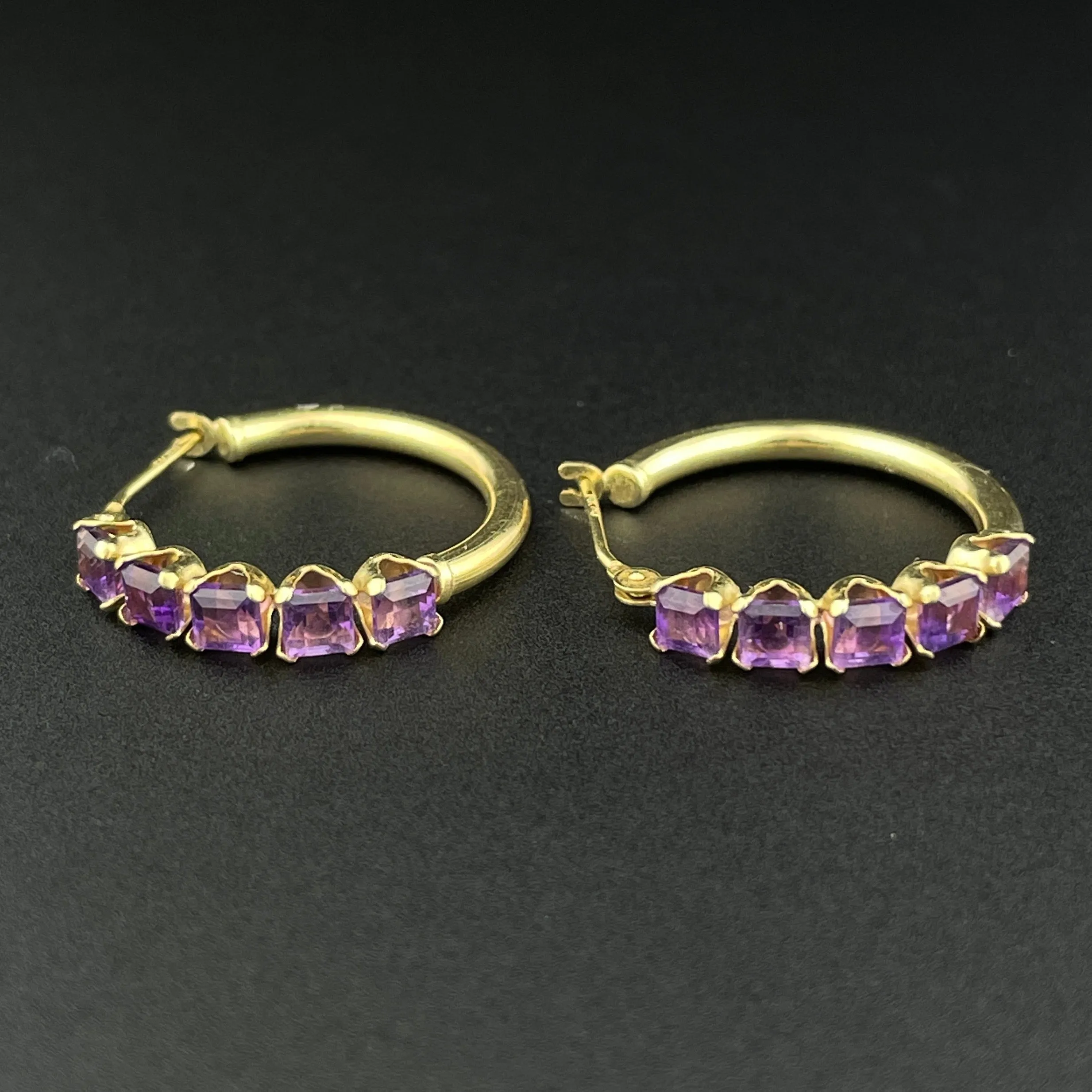 Vintage 10K Gold Amethyst Huggie Hoop Stud Earrings