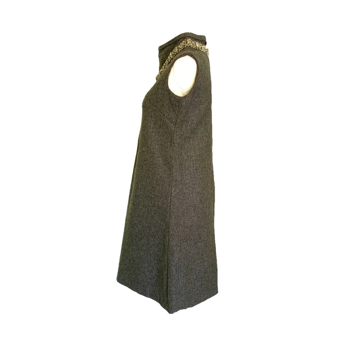 Vintage Gray Wool A-Line  Dress Perfect for Fall. Sleeveless Sheath Dress with Trim Neckline.