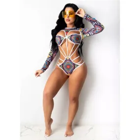 Vintage Print Long Sleeve One-Piece Hollow Out Bikini