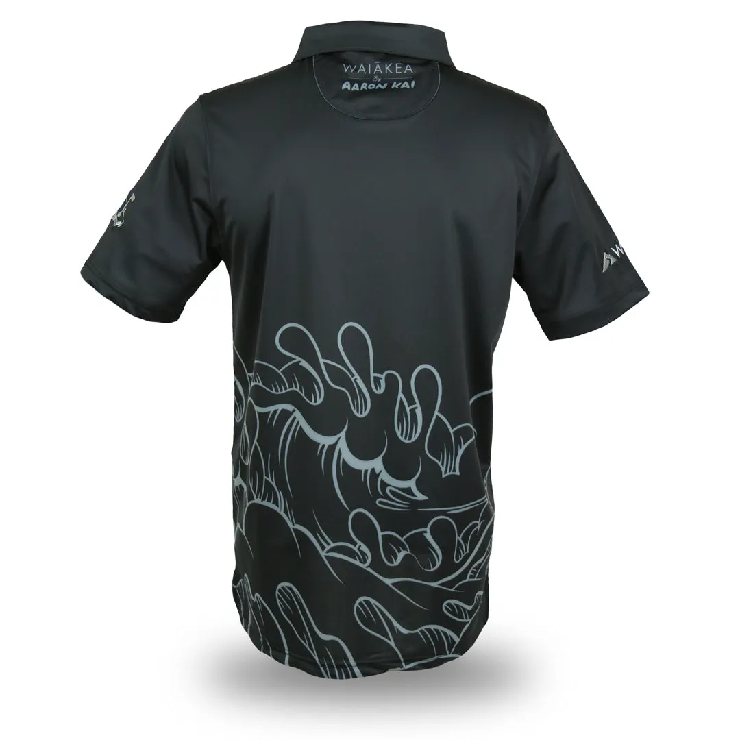 Waiakea Obsidian Waves - OGA X Waiakea Water X Aaron Kai Collab Men's Polo - Obsidian Black