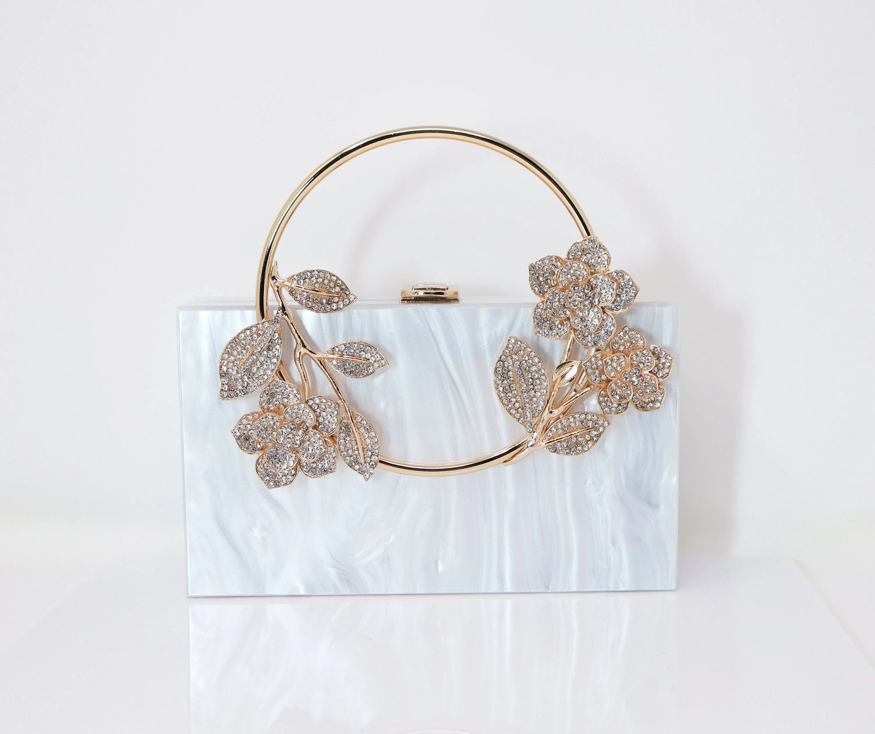 White Gold Floral Acrylic Rhinestones Wedding Bag, Statement Bag, Evening Clutch, Wedding Clutch, Bridal Clutch, Bridal Cross body bag.