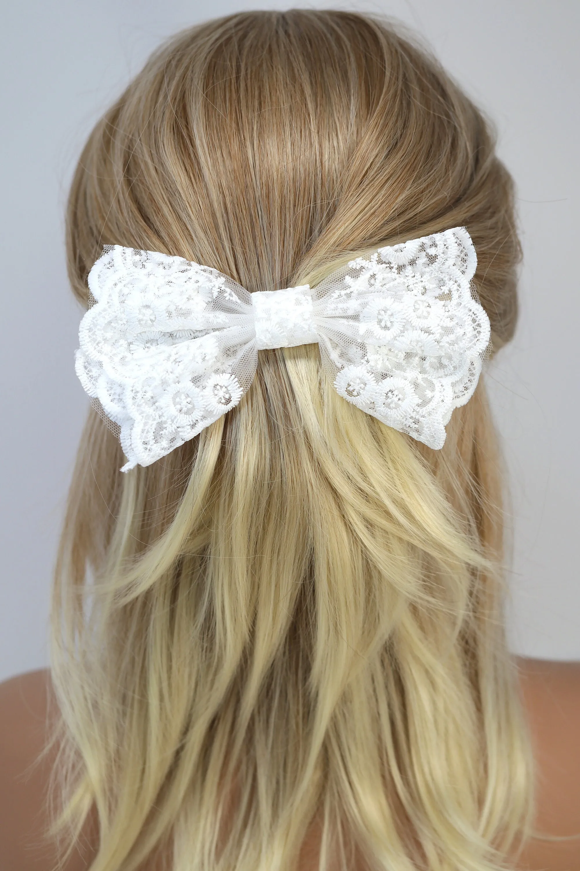 White Lace Floral Embroidered Blossom Bow Bridal French Hair Clip, Bridesmaid Gift, Wedding Hair Accessory, Large Hair Clip.