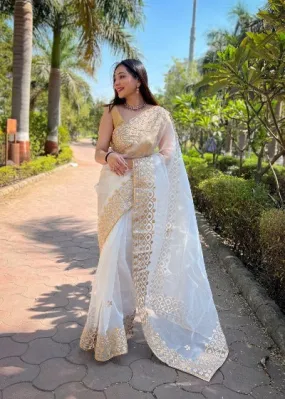 White Pure Organza Silk Gotta Patti Saree