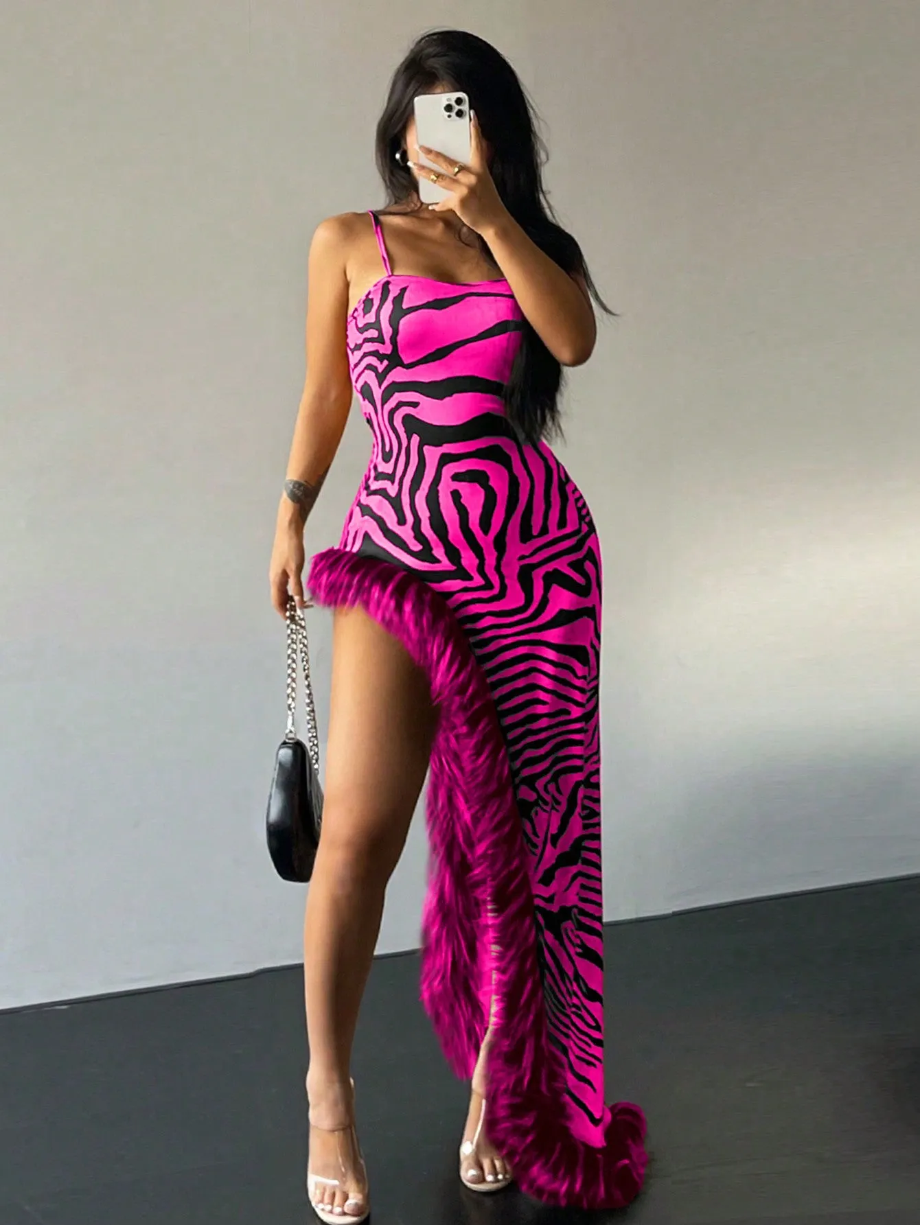 Zebra Striped Print Asymmetrical Cami Dress